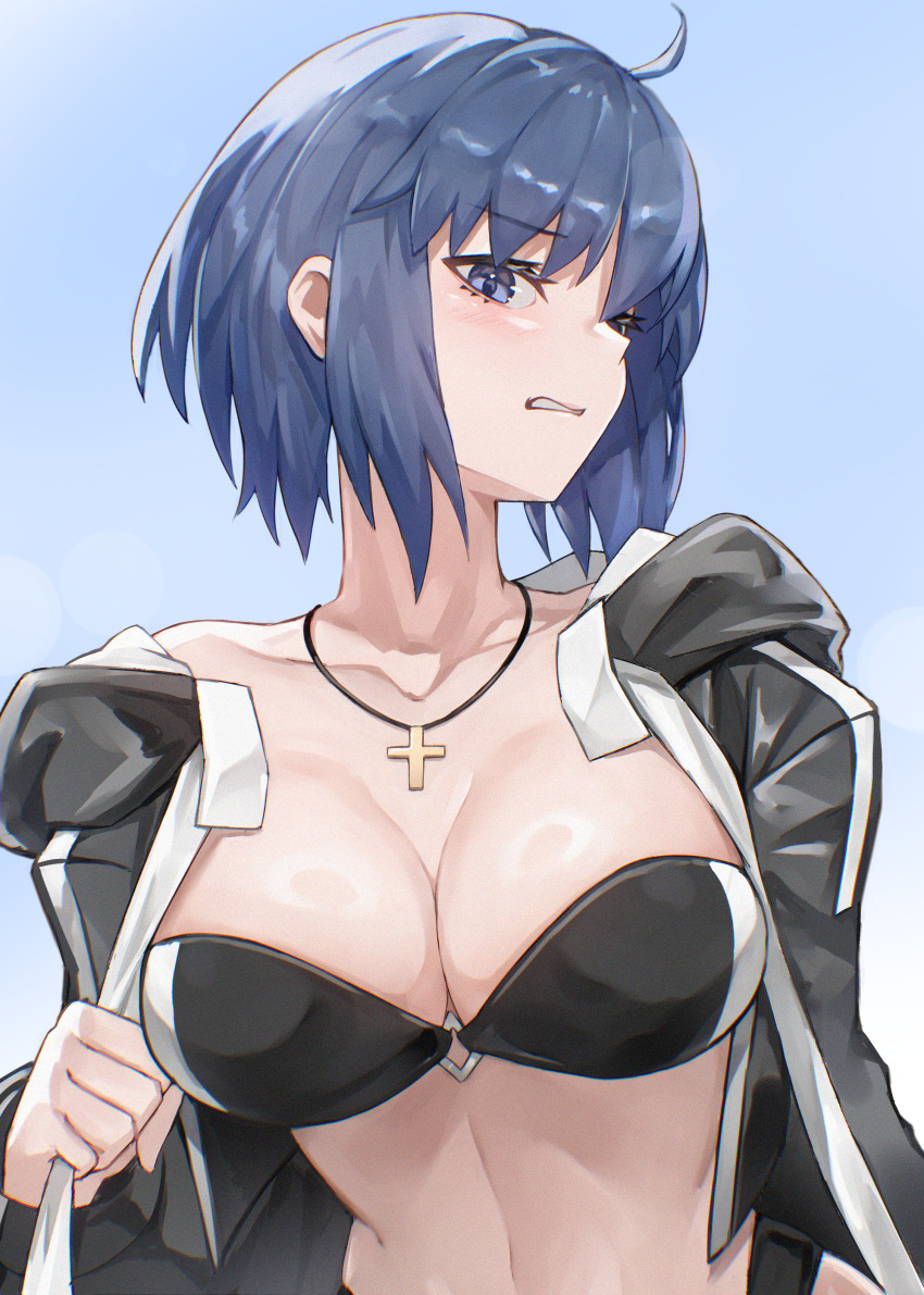 1girl absurdres annoyed bikini black_bikini blue_eyes blue_hair breasts c.i.e.l_(fate) c.i.e.l_(first_ascension)_(fate) ciel_(tsukihime) cleavage cross cross_necklace disgust highres jacket jewelry large_breasts necklace open_clothes open_jacket short_hair swimsuit tsukihime umeo_(pixiv51103813)