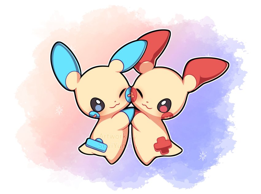 artist_name cheek-to-cheek closed_mouth full_body gen_3_pokemon heads_together highres hug looking_at_another minun nintendo no_humans one_eye_closed outline pink_background plusle pokemon pokemon_(creature) purple_background sevi_(seviyummy) watermark white_background white_outline