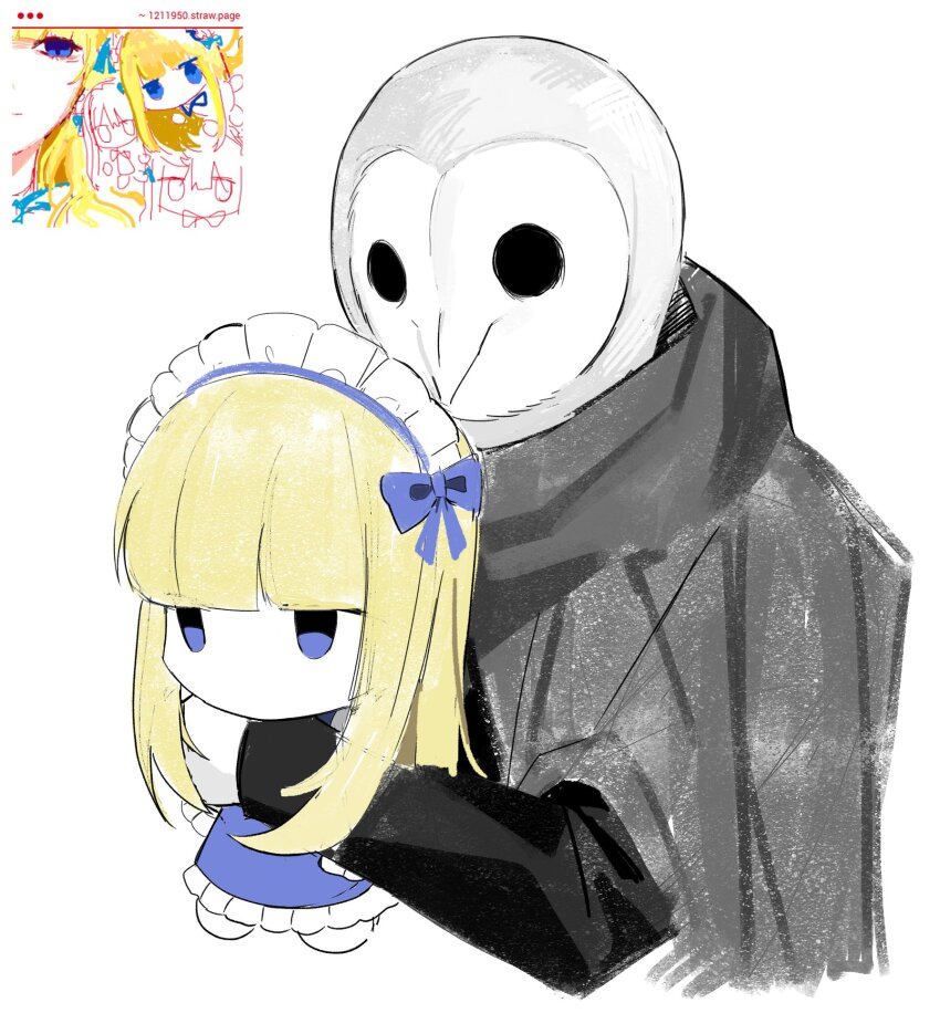 1boy 1girl animal_head asdf1211950 black_jacket black_souls black_souls_2 blonde_hair blue_dress doll_alice_(black_souls) dress frilled_sleeves frills highres holding holding_mini_person jacket long_hair long_sleeves lorde_(black_souls) mini_person minigirl owl_boy sidelocks strawpage very_long_hair