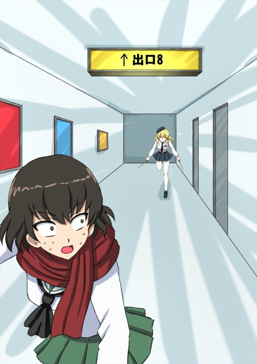 beret black_footwear black_hat black_necktie black_scarf black_skirt blonde_hair brown_eyes brown_hair caesar_(girls_und_panzer) carpaccio_(girls_und_panzer) collared_shirt commentary_request dagger girls_und_panzer green_skirt hallway hat hayami_saori highres holding holding_dagger holding_knife holding_weapon knife long_hair long_sleeves miniskirt necktie omachi_(slabco) ooarai_school_uniform pantyhose parody red_eyes red_scarf running scarf school_uniform serafuku shirt short_hair skirt spy_x_family the_exit_8 translation_request voice_actor_connection weapon white_pantyhose white_serafuku white_shirt yor_briar