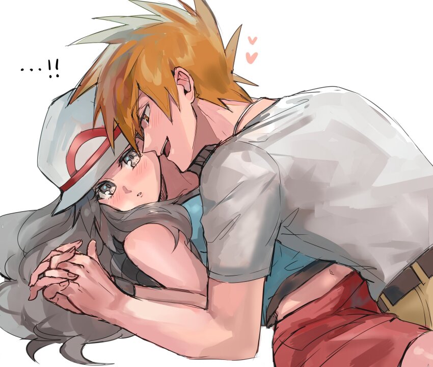 ! !! ... 1boy 1girl blue_oak blush brown_eyes brown_hair brown_pants couple creatures_(company) game_freak hat heart hetero highres holding_hands interlocked_fingers kash-phia leaf leaf_(pokemon) long_hair nintendo pants pokemon pokemon_frlg red_skirt shirt short_hair simple_background skirt spiked_hair white_background white_hat white_shirt