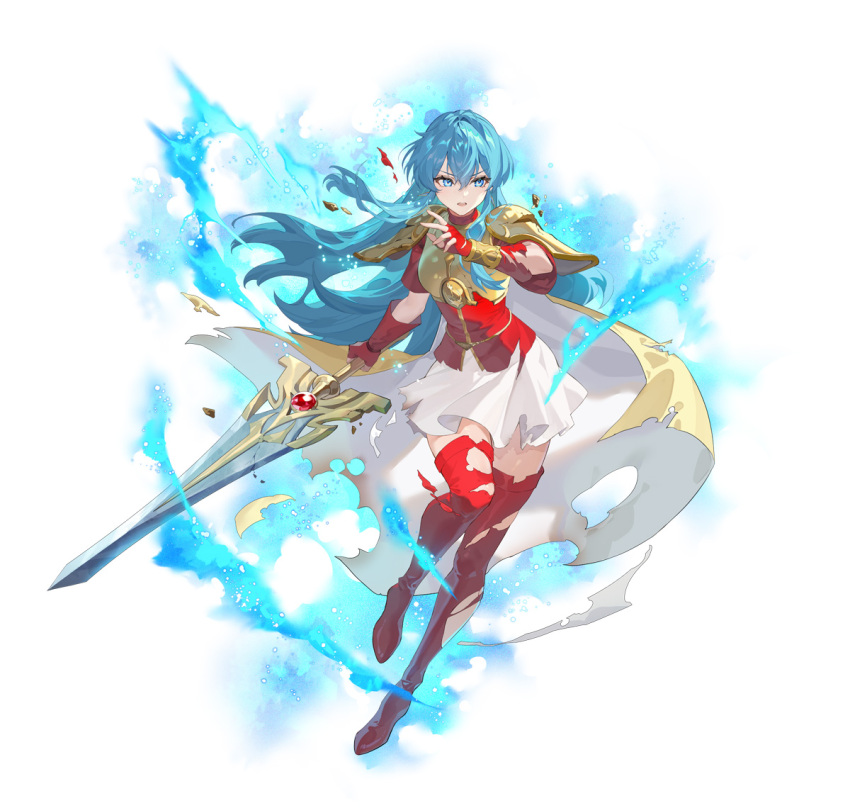 1girl armor back blue_hair boots broken_armor eirika_(fire_emblem) energy fingerless_gloves fire_emblem fire_emblem_heroes full_body gloves holding holding_sword holding_weapon long_hair nintendo official_art open_mouth red_boots red_gloves simple_background skirt solo sword teffish thighs torn_clothes weapon white_background white_skirt yellow_armor