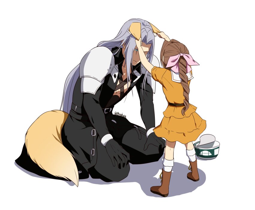 1boy 1girl aerith_gainsborough aged_down animal_ears armor belt black_belt black_coat black_gloves black_pants boots brown_footwear brown_hair chest_strap child coat donbei_kitsune_udon dress expressionless final_fantasy final_fantasy_vii final_fantasy_vii_remake fox_boy fox_ears fox_tail full_body gloves grabbing_another&#039;s_ear green_eyes grey_hair hair_ribbon hand_on_another&#039;s_ear hands_on_own_knees highres igusaharu kemonomimi_mode kneeling leaning_forward long_bangs long_coat long_hair looking_down multiple_belts nissin_donbei orange_dress pants parted_bangs pauldrons pink_ribbon ponytail ribbon sailor_collar sephiroth sephiroth_(don_gitsune) shoulder_armor socks standing tail time_paradox twitter_username very_long_hair white_background white_socks