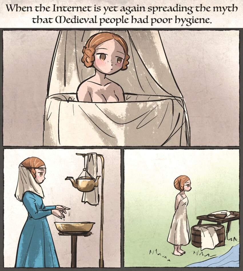 1girl basin bath blue_dress blush dress english_text highres indoors ironlily lady_johnna_(ironlily) looking_afar medieval meme multiple_views orange_hair original outdoors pablo_escobar_waiting_(meme) river washtub
