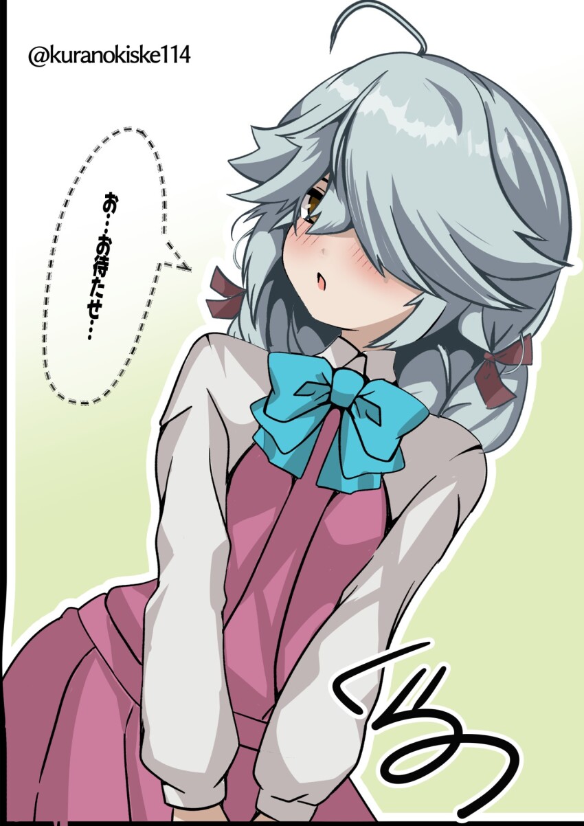 1girl ahoge aqua_bow aqua_bowtie black_ribbon bow bowtie braid brown_eyes commentary_request dress gradient_background grey_hair hair_over_eyes hamanami_(kancolle) highres kantai_collection kurano_kisuke long_hair long_sleeves one-hour_drawing_challenge pleated_dress purple_dress ribbon single_braid solo translation_request white_background