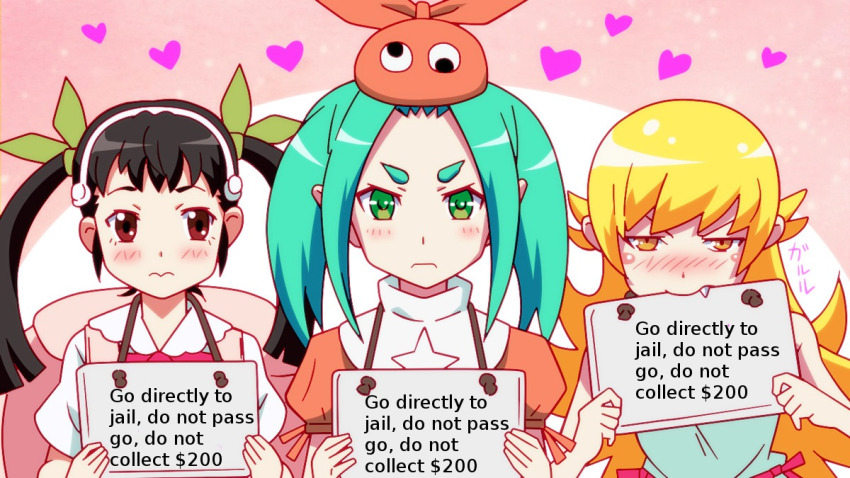 3girls backpack bag bakemonogatari biting black_hair blonde_hair blue_hair blush bow english_text fang fang_out frown g3pen green_eyes green_hair green_ribbon hachikuji_mayoi hair_bow heart long_hair looking_at_viewer meme monogatari_(series) multiple_girls ononoki_yotsugi oshino_shinobu ribbon sign sign_around_neck tagme third-party_edit twintails yellow_eyes