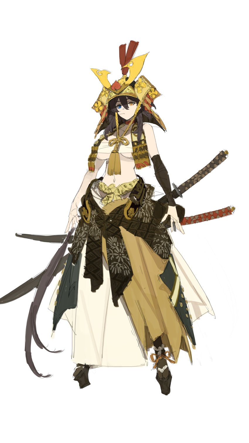 1girl absurdres azur_lane bare_shoulders blue_eyes breasts brown_hair budget_sarashi full_body gebijiade_89 georgia_(azur_lane) heterochromia highres large_breasts long_hair looking_at_viewer navel official_art orange_eyes sarashi sheath sheathed sketch solo sword sword_on_back weapon weapon_on_back