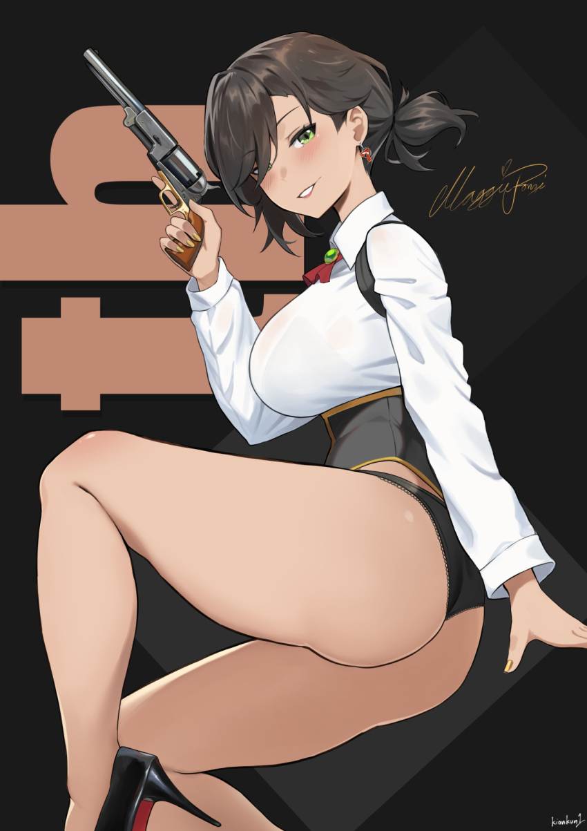 1girl alternate_costume artist_name ass black_background black_hair black_panties black_shoes breasts colt_walker colt_walker_(girls&#039;_frontline) commentary earrings english_commentary girls&#039;_frontline green_eyes high_heels highres jewelry kion-kun looking_at_viewer panties parted_lips shoes short_hair simple_background smile solo trigger_discipline underwear yellow_nails