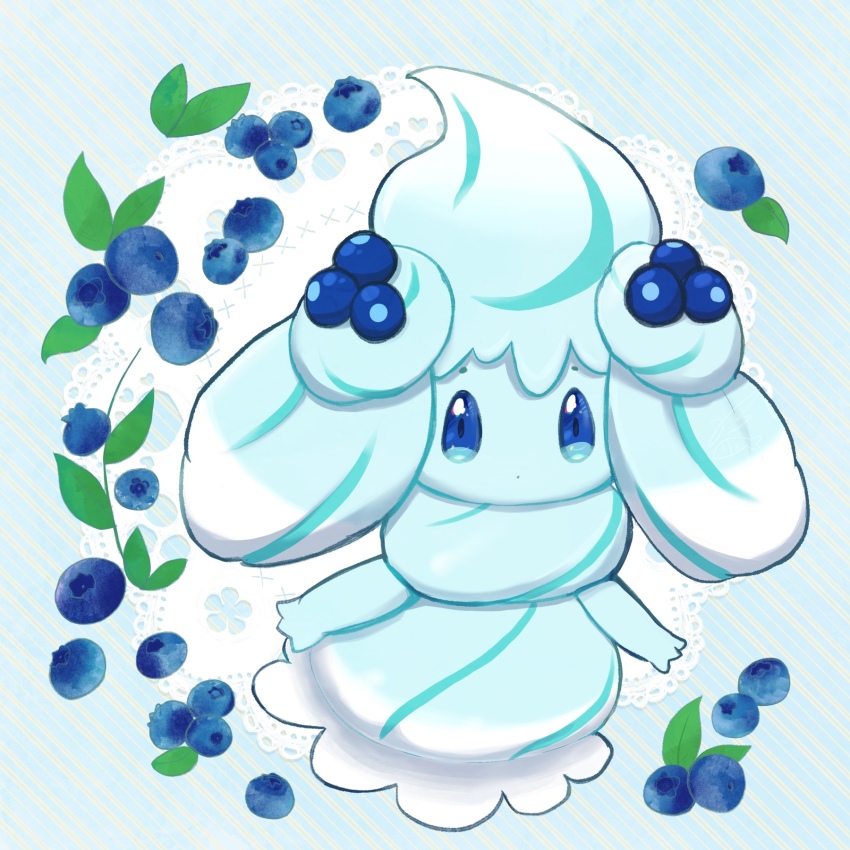 alcremie alcremie_(berry_sweet) alcremie_(mint_cream) ayan_(ayan_00o) blue_eyes blueberry commentary_request creature food fruit full_body gen_8_pokemon highres looking_at_viewer nintendo no_humans pokemon pokemon_(creature) simple_background solo white_background