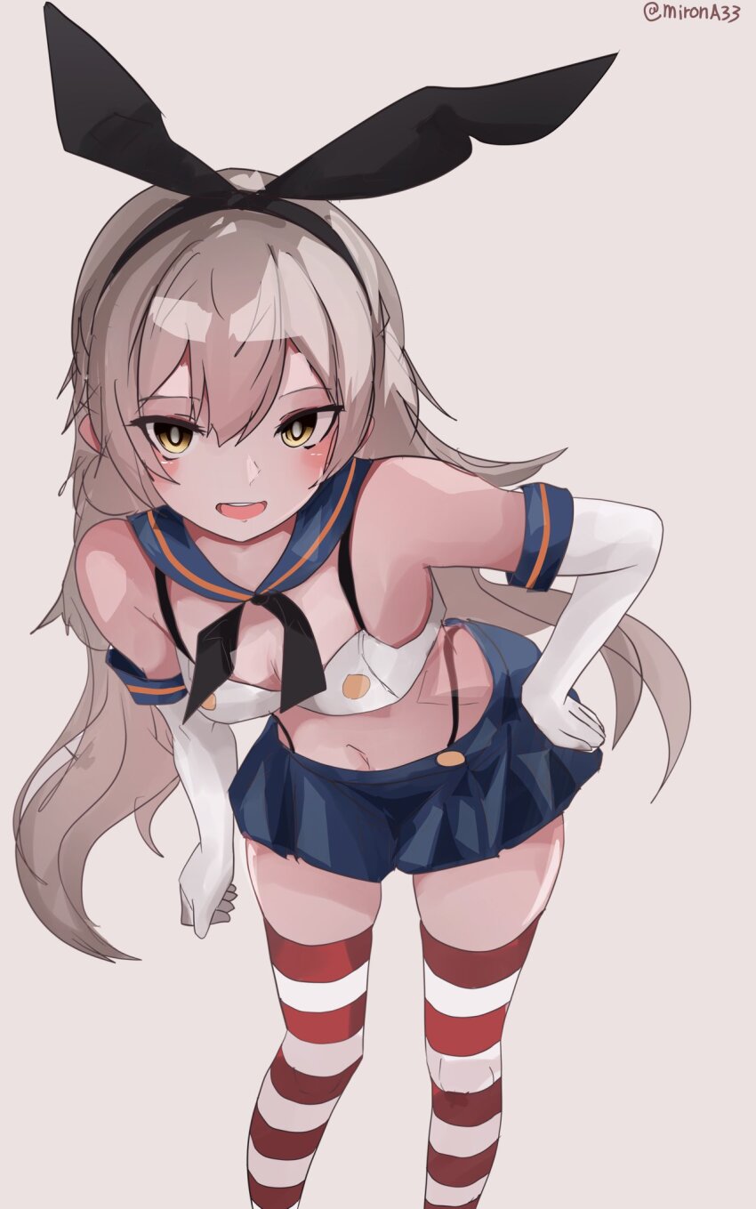 1girl :d adapted_costume animal_ear_hairband animal_ears bare_shoulders black_hairband black_panties blonde_hair blue_sailor_collar blue_skirt blush breasts check_commentary cleavage commentary commentary_request crop_top double-parted_bangs elbow_gloves fake_animal_ears gloves grey_background hairband hand_on_own_hip highleg highleg_panties highres horizontal-striped_thighhighs kantai_collection knee_up leaning_forward long_hair looking_at_viewer microskirt midriff miron_(mirona33) navel open_mouth panties pleated_skirt rabbit_ear_hairband rabbit_ears sailor_collar shimakaze_(kancolle) skindentation skirt small_breasts smile solo standing striped_clothes striped_thighhighs teeth thighhighs twitter_username underwear upper_teeth_only white_gloves yellow_eyes