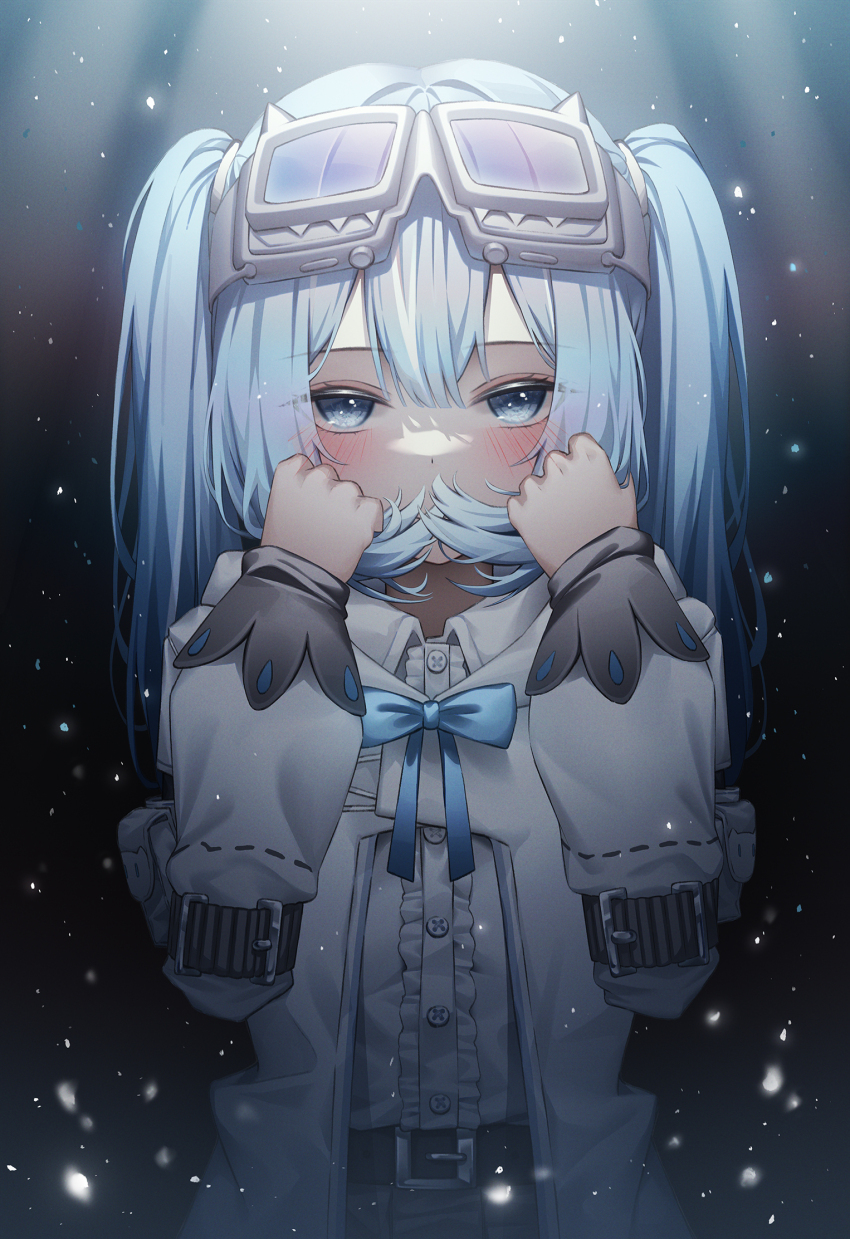 1girl arahashi_tabi aspih_sp belt blue_eyes blue_hair blue_ribbon blush center_frills coat collared_shirt commentary double-parted_bangs english_commentary frills goggles goggles_on_head grabbing_own_hair gradient_eyes highres looking_at_viewer multicolored_eyes ribbon shirt sleeves_past_wrists solo stellive twintails virtual_youtuber white_coat