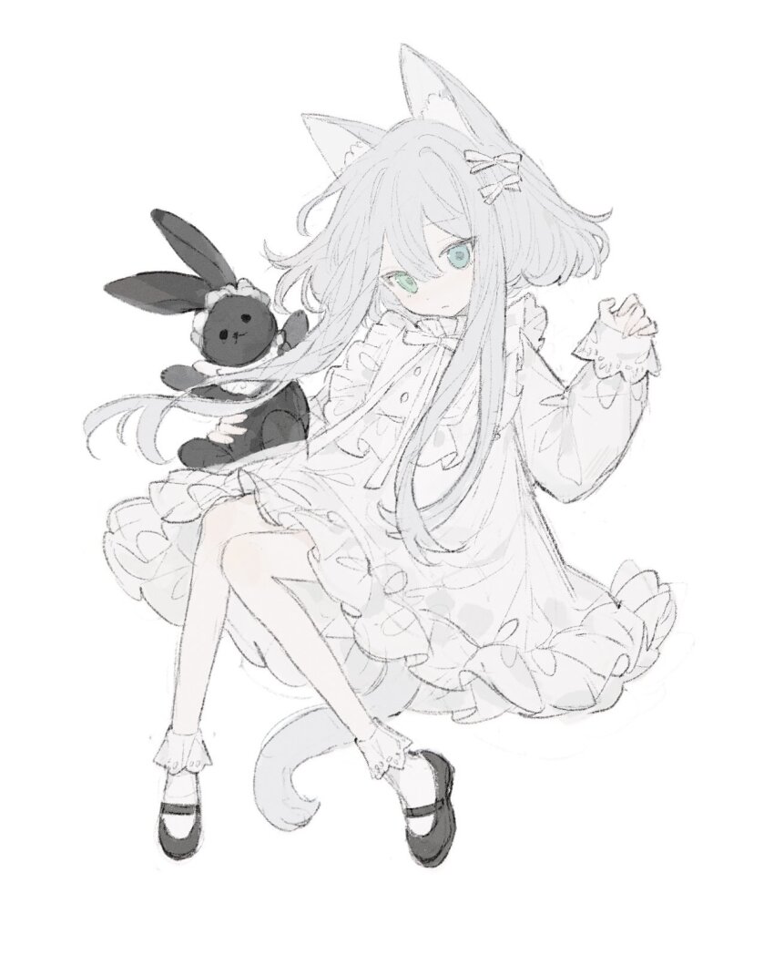 1girl animal_ears bib black_shoes blue_eyes cat_ears cat_girl cat_tail closed_mouth dress frilled_dress frills hair_ribbon hand_up heterochromia highres holding holding_stuffed_toy koirariko long_hair long_sleeves monochrome original puffy_long_sleeves puffy_sleeves ribbon shoes short_hair_with_long_locks simple_background socks solo spot_color stuffed_animal stuffed_rabbit stuffed_toy tail very_long_hair white_background white_dress white_ribbon white_socks