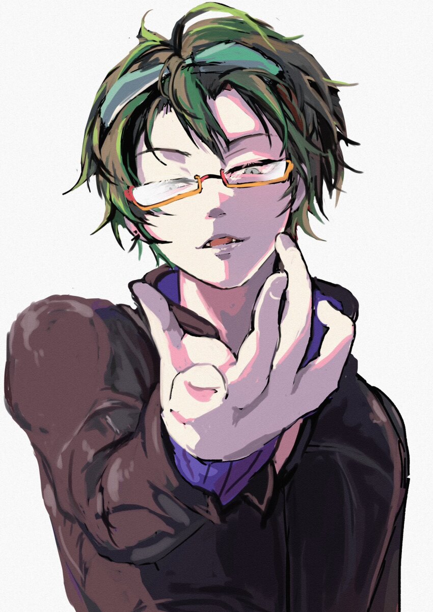 1boy black_hair glasses gnosia goggles green_hair highres jacket jewelry koyuuuuuuuuuuu long_sleeves looking_at_viewer male_focus navel necklace sha-ming shirt short_hair smile solo upper_body