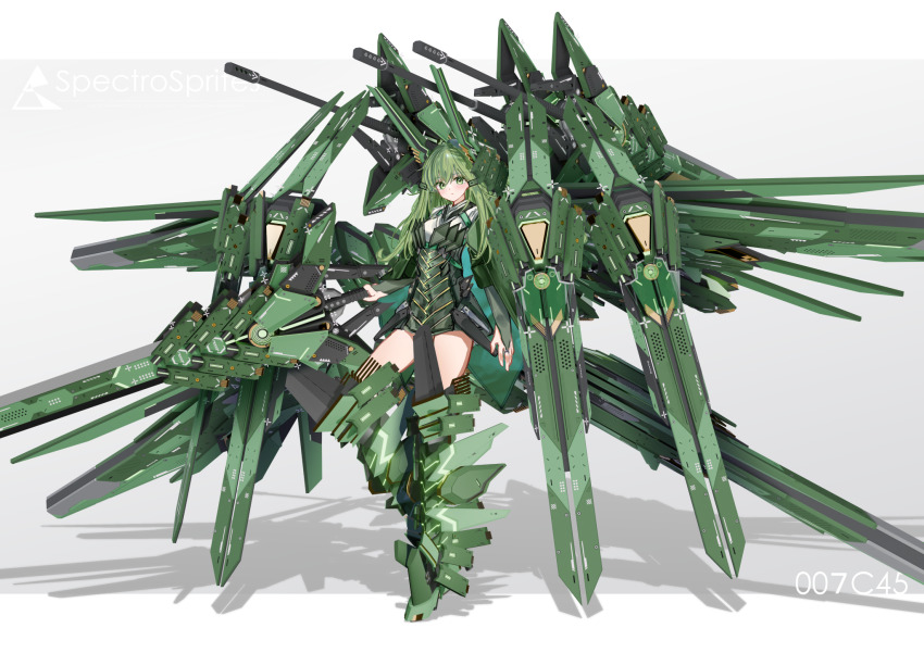 1girl blush boots closed_mouth commentary_request full_body green_boots green_eyes green_hair green_wings grey_background headgear highres holding holding_weapon long_hair looking_at_viewer mecha_musume mechanical_wings original sarasadou_dan shadow simple_background solo standing weapon wings