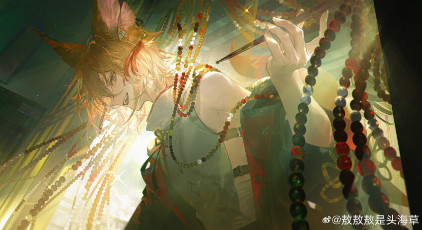 1boy absurdres animal_ears aoseagrass bare_shoulders beads black_coat character_request coat copyright_request earrings fingernails floating_earring flower_knot fox_boy fox_ears from_side green_eyes hair_between_eyes highres holding holding_smoking_pipe indoors jewelry lapels light looking_at_viewer male_focus medium_hair open_mouth orange_hair shirt smoking_pipe solo sparkle sunlight tassel tassel_earrings teeth upper_body upper_teeth_only watermark weibo_watermark white_shirt