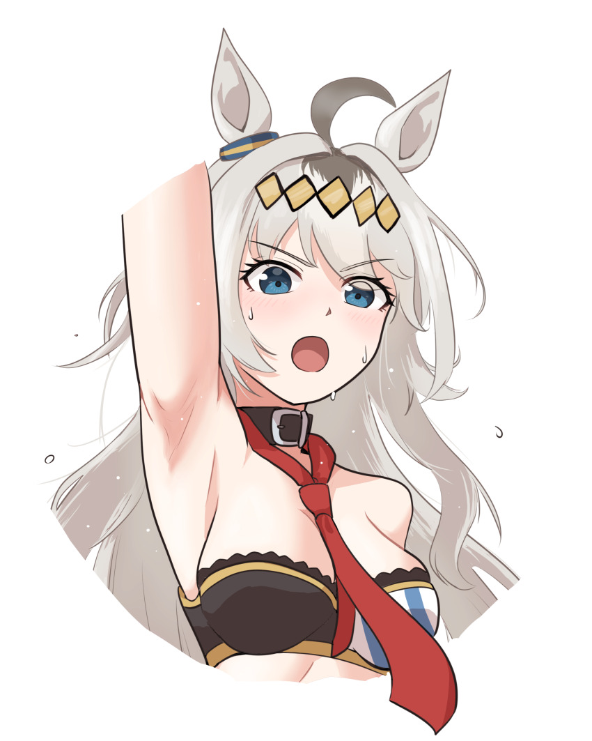 1girl absurdres animal_ears armpits blackuma blue_eyes blush collar commentary cropped_arms cropped_torso ear_ornament english_commentary grey_hair hair_ornament highres horse_ears horse_girl long_hair multicolored_hair necktie oguri_cap_(umamusume) open_mouth red_necktie solo streaked_hair sweat umamusume umamusume:_cinderella_gray upper_body white_hair