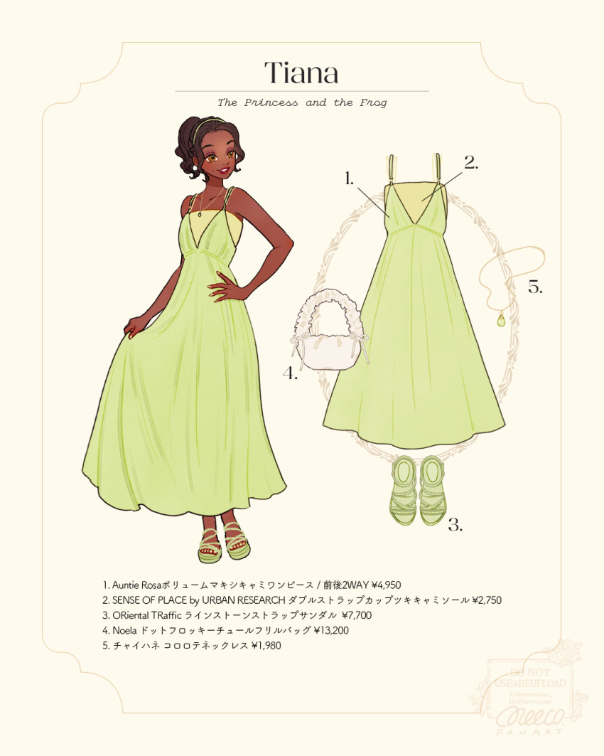 1girl animification bag brown_hair dark-skinned_female dark_skin dress earrings full_body green_dress highres jewelry long_hair looking_at_viewer meecosme necklace official_alternate_costume sandals smile the_princess_and_the_frog tiana_(the_princess_and_the_frog)