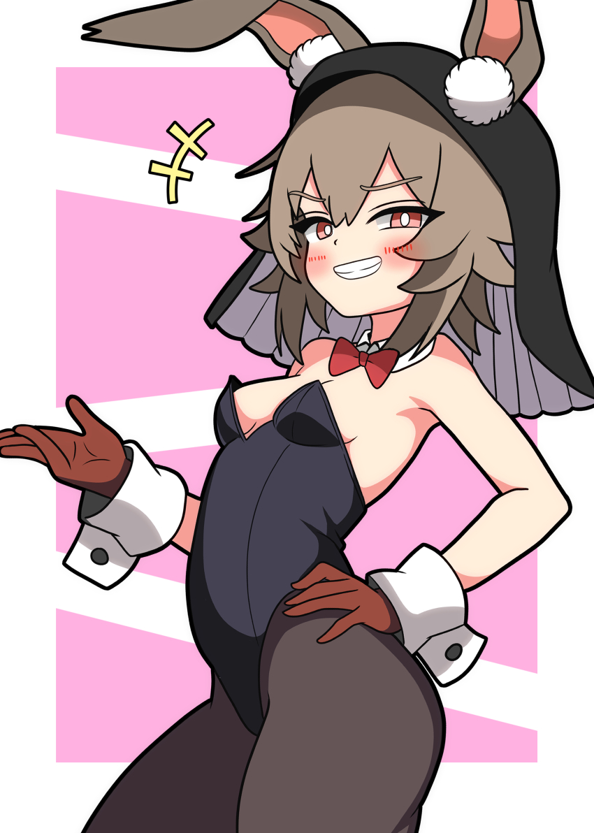 1girl ^^^ absurdres animal_ear_fluff animal_ears arknights ass black_leotard blush breasts bright_pupils brown_hair brown_pantyhose caper_(arknights) cleavage commentary_request cowboy_shot gloves grin hand_on_own_hip hendra highres leotard looking_at_viewer pantyhose pink_background playboy_bunny rabbit_ears red_eyes red_gloves short_brown_hair short_hair sideboob simple_background small_breasts smile solo veil white_background white_pupils white_wrist_cuffs wrist_cuffs
