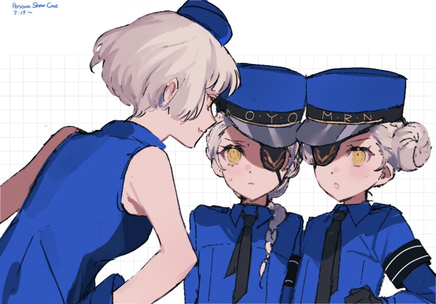 3girls blue_dress blue_hat blue_shirt caroline_(persona_5) double_bun dress elizabeth_(persona) eyepatch grey_hair hair_bun hat highres justine_(persona_5) looking_at_another multiple_girls necktie nervous peaked_cap persona persona_3 persona_5 shirt short_hair siblings sisters sketch smile sweatdrop twins upper_body uxco0