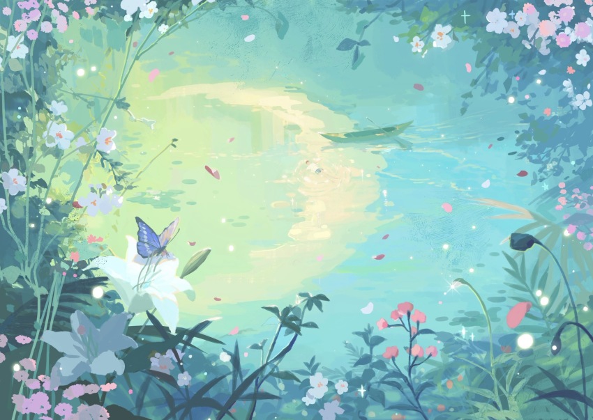 1boy bare_arms bare_legs blue_butterfly blue_shorts boat brown_hair bud bug butterfly chinese_commentary commentary_request crescent_moon faceless faceless_male falling_petals floating_on_back flower full_body highres insect moon night ningmeng_manyou oar original outdoors petals pink_flower procreate_(medium) reflection reflective_water rowboat scenery shirt short_hair short_sleeves shorts solo sparkle t-shirt watercraft white_flower white_shirt white_sleeves wide_shot