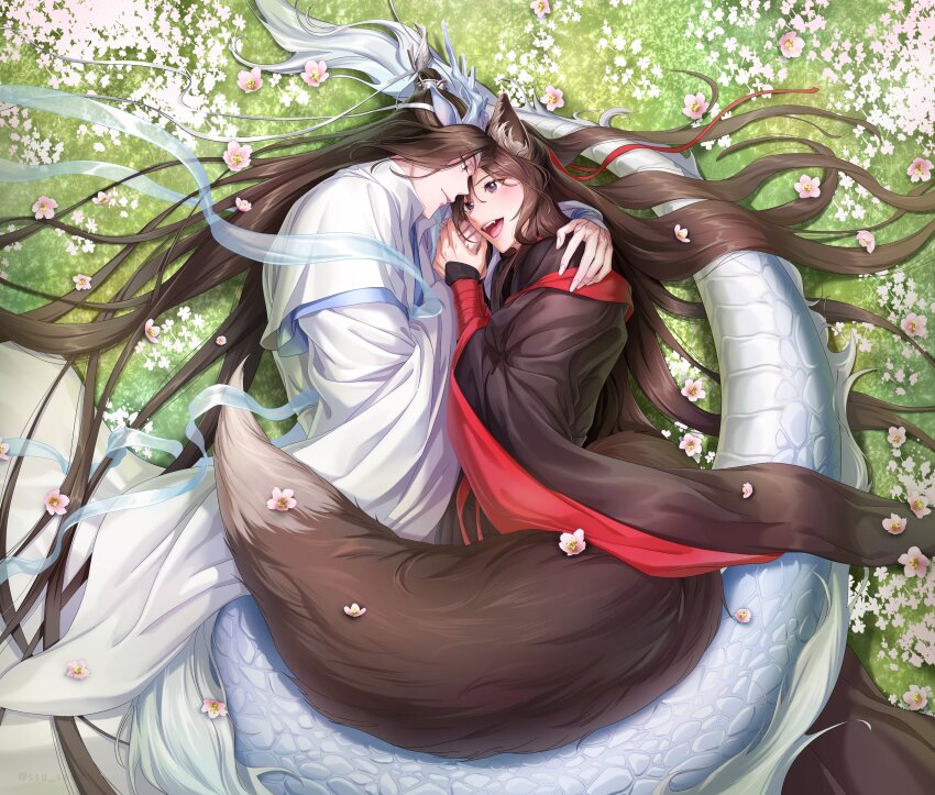 2boys :d absurdres animal_ears black_hair black_hanfu brown_hair chinese_clothes closed_mouth couple day dragon_boy eastern_dragon_horns eastern_dragon_tail eye_contact fangs fins flower fox_boy fox_ears fox_tail from_above grass hagoromo hair_down hair_ribbon half_updo hand_on_another&#039;s_shoulder hanfu head_fins headband highres holding_hands hug kemonomimi_mode kitsune korean_commentary kyuubi lan_wangji long_hair long_sleeves looking_at_another lying male_focus modao_zushi multiple_boys multiple_tails official_alternate_hairstyle on_grass on_side open_mouth outdoors petals pink_flower purple_eyes red_ribbon ribbon scales shawl smile ssu_saeu tail teeth topknot very_long_hair wei_wuxian wei_wuxian_(yiling_laozu) white_hanfu white_headband wide_sleeves xiao_guan_(headdress) yaoi yellow_eyes