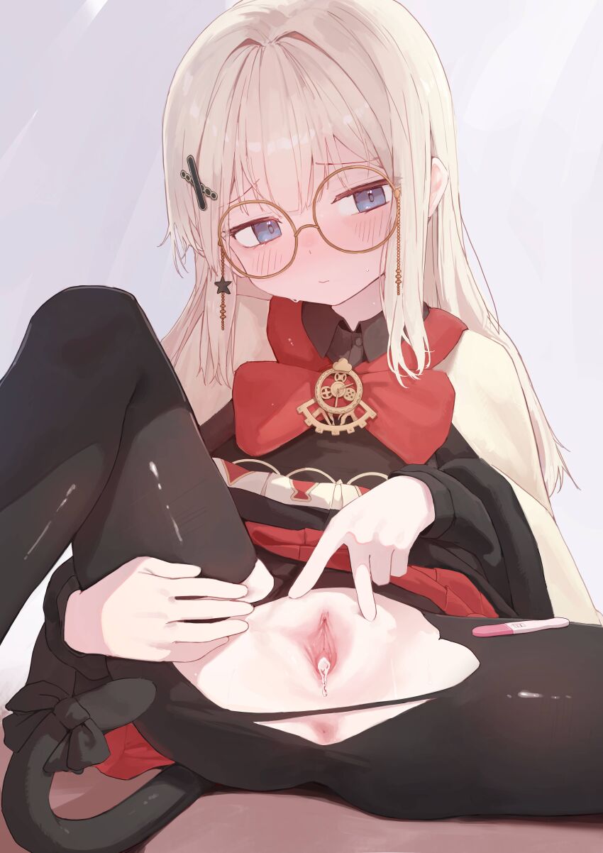 1girl absurdres anus artist_request black_dress black_pantyhose black_tail blonde_hair blue_eyes blush bow bowtie capelet cat_tail closed_mouth commentary_request commission dress eyewear_strap fur-trimmed_capelet fur-trimmed_dress fur_trim glasses hair_ornament highres knee_up korean_commentary long_hair long_sleeves looking_at_viewer original pantyhose pregnancy_test pussy red_bow red_bowtie red_skirt round_eyewear second-party_source shai_(black_desert) sitting skirt solo spread_pussy spreading_own_pussy tail tail_bow tail_ornament torn_clothes torn_pantyhose uncensored white_capelet x_hair_ornament