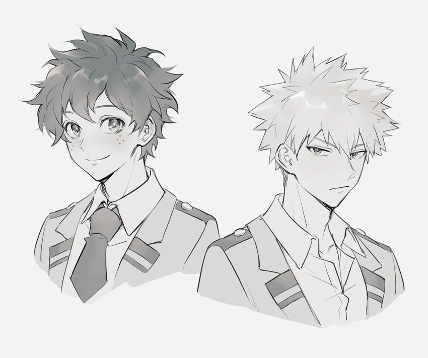 2boys bakugou_katsuki boku_no_hero_academia closed_mouth collared_shirt commentary_request cropped_shoulders freckles grey_background greyscale looking_at_viewer lycik_98 male_focus midoriya_izuku monochrome multiple_boys necktie school_uniform shirt short_hair short_necktie simple_background smile spiked_hair u.a._school_uniform