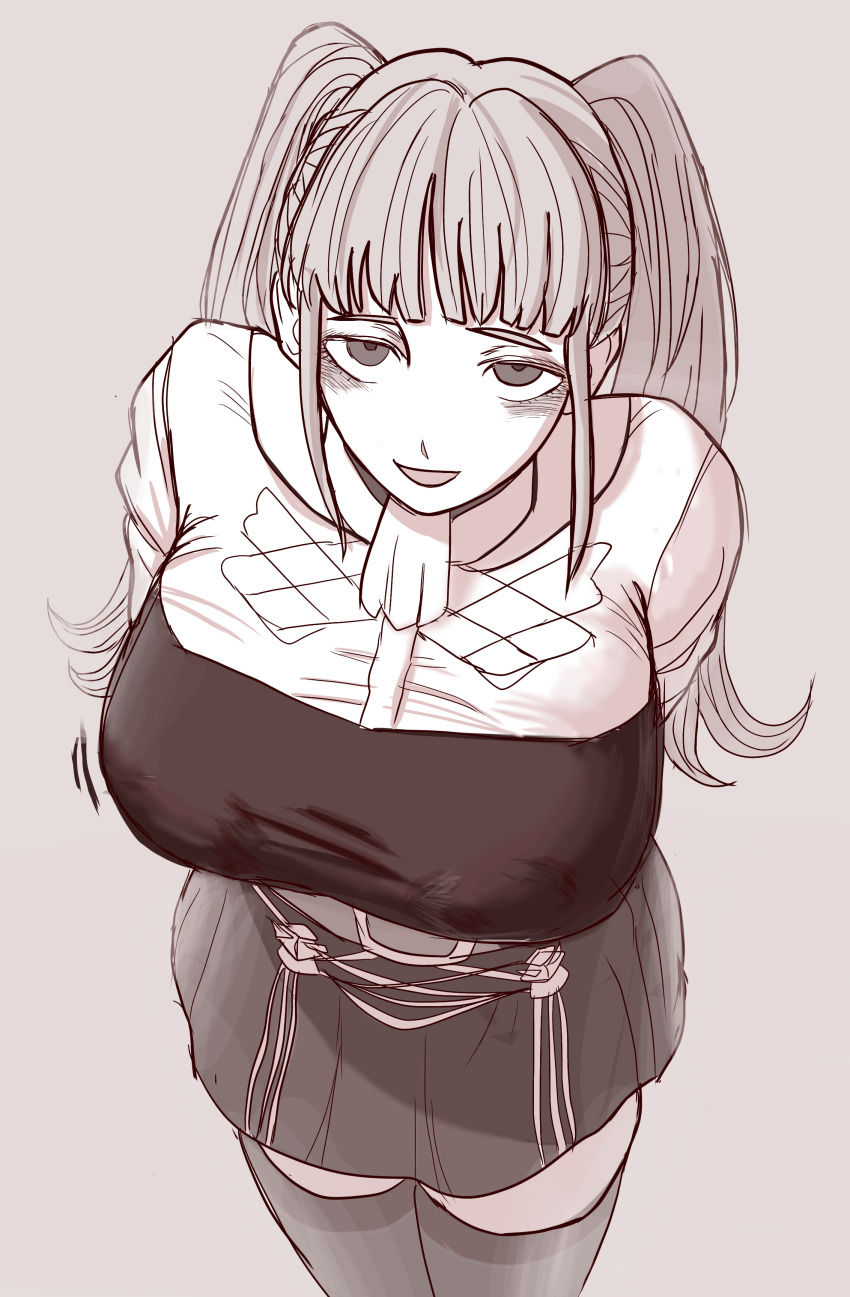1girl absurdres breasts female_focus fire_emblem fire_emblem:_three_houses garreg_mach_monastery_uniform highres hilda_valentine_goneril large_breasts long_hair looking_at_viewer monochrome motion_lines nintendo open_mouth pickles simple_background solo standing thighhighs twintails