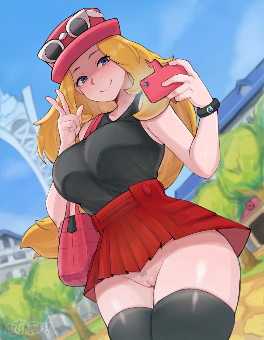 1girl absurdres artist_name artsheops bag black_shirt black_thighhighs blonde_hair blue_eyes blue_sky breasts cleft_of_venus closed_mouth commentary english_commentary eyewear_on_headwear female_pubic_hair gen_4_pokemon handbag hat high-waist_skirt highres large_breasts long_hair looking_at_viewer mega_ring miniskirt nintendo no_panties outdoors pink_hat pleated_skirt pokemon pokemon_xy porkpie_hat pubic_hair pussy red_skirt rotom rotom_phone serena_(pokemon) shirt skirt sky sleeveless sleeveless_duster sleeveless_shirt smile solo sunglasses taking_picture thighhighs tree upskirt w white-framed_eyewear