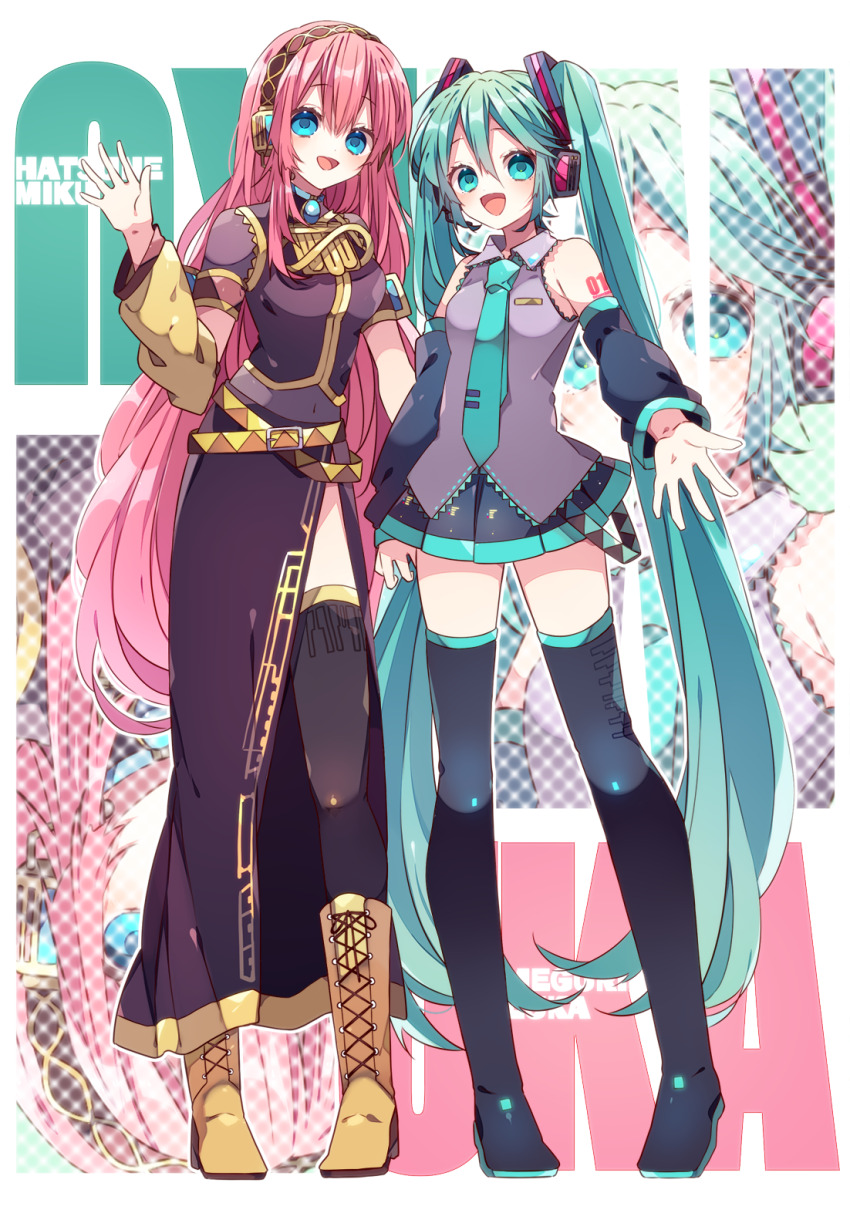 2girls aqua_hair aqua_necktie arm_tattoo black_boots black_skirt black_sleeves black_vest blue_eyes blue_trim boots breast_pocket character_name detached_sleeves dress_shirt full_body grey_shirt hatsune_miku headphones headset highres kaho_0102 long_hair long_skirt megurine_luka miniskirt multiple_girls navel necktie number_tattoo pink_hair pleated_skirt pocket shirt short_sleeves side_slit skirt standing tattoo thigh_boots thighhighs twintails very_long_hair vest vocaloid wing_collar yellow_boots zettai_ryouiki