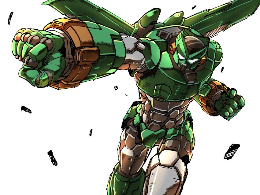 amakawa_mayu clenched_hands crayon_shin-chan highres kantam_robo mazinger_(series) mazinger_z mazinger_z:_infinity mecha mechanical_wings no_humans parody robot science_fiction solo style_parody super_robot white_background white_eyes wings