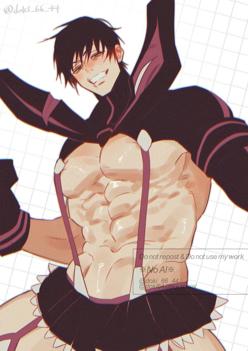 1boy abs absurdres artist_name black_hair black_skirt blush cosplay crossdressing doki_(doki_66_44) fushiguro_touji gloves highres kill_la_kill looking_at_viewer male_focus matoi_ryuuko midriff miniskirt muscular muscular_male navel pleated_skirt scar scar_on_face senketsu signature simple_background skirt smile solo stomach suspenders white_background