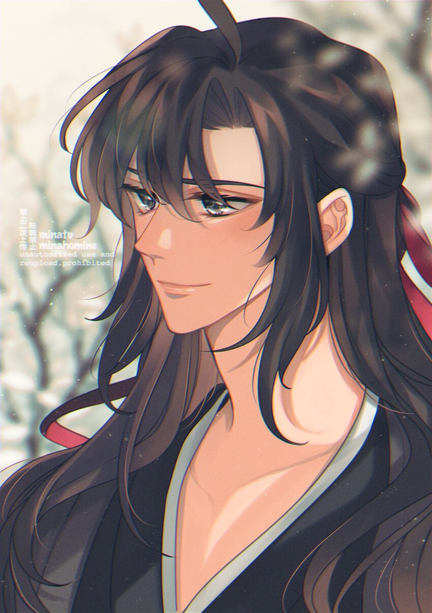 1boy ahoge artist_name bishounen black_hair black_hanfu blurry blurry_background brown_hair chinese_clothes closed_mouth collarbone commentary english_commentary eyelashes grey_eyes hair_between_eyes hair_down hair_ribbon half_updo hanfu highres long_hair male_focus minataka94 modao_zushi official_alternate_hairstyle outdoors portrait red_ribbon ribbon sidelocks smile solo twitter_username upper_body watermark wei_wuxian wei_wuxian_(yiling_laozu)