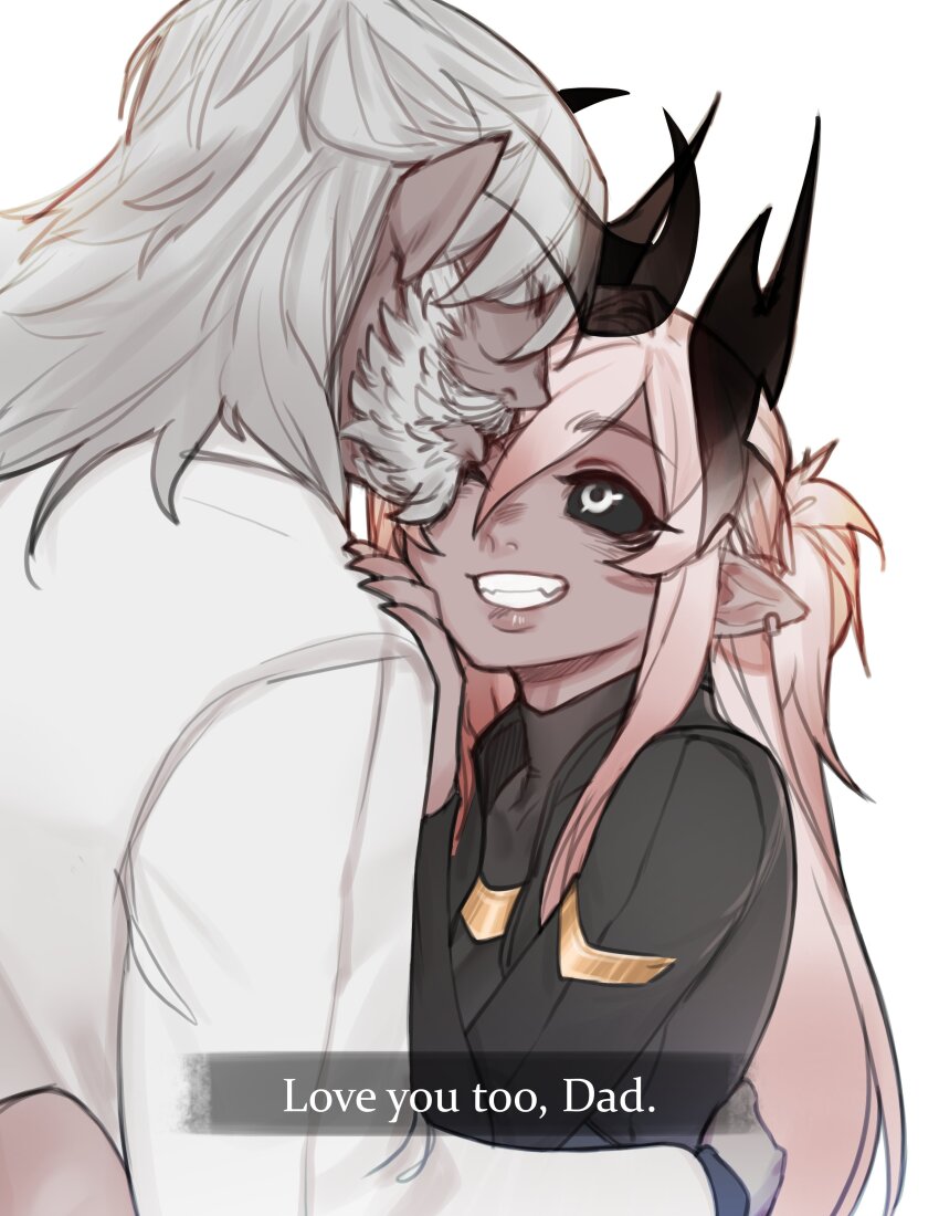 1boy 1girl absurdres aiko_(less) beard black_sclera colored_sclera colored_skin demon_girl demon_horns english_text facial_hair fang father_and_daughter grey_skin grin hair_between_eyes highres horns hug kiss kissing_forehead less long_hair one_eye_closed original pointy_ears smile teeth white_background