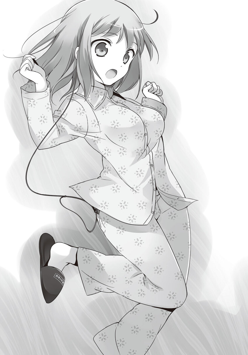 029 1girl ahoge breasts cable clenched_hands cowboy_shot earbuds earphones hair_down hataraku_maou-sama! highres large_breasts leaning_back leg_up long_sleeves looking_down medium_hair monochrome no_socks open_mouth pajamas sasaki_chiho simple_background sleepwear slippers solo standing standing_on_one_leg tented_shirt w_arms white_background