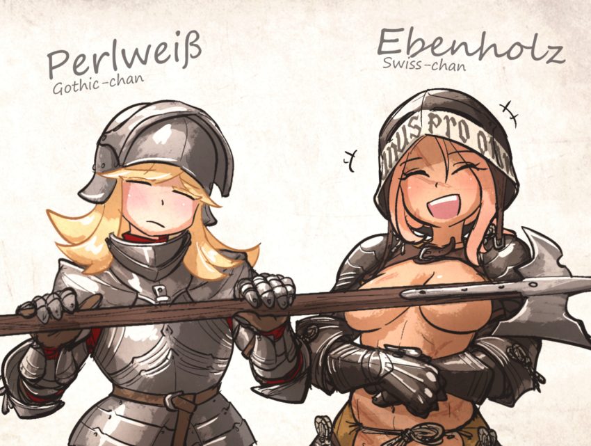 2girls armor battle_scarred blonde_hair breasts closed_eyes convenient_censoring ebenholz_(ironlily) gauntlets perlweiss_(ironlily) halberd holding holding_weapon hood hoodie ironlily knight long_hair medium_breasts multiple_girls navel open_mouth original pink_hair polearm shoulder_armor toned visor_lift weapon