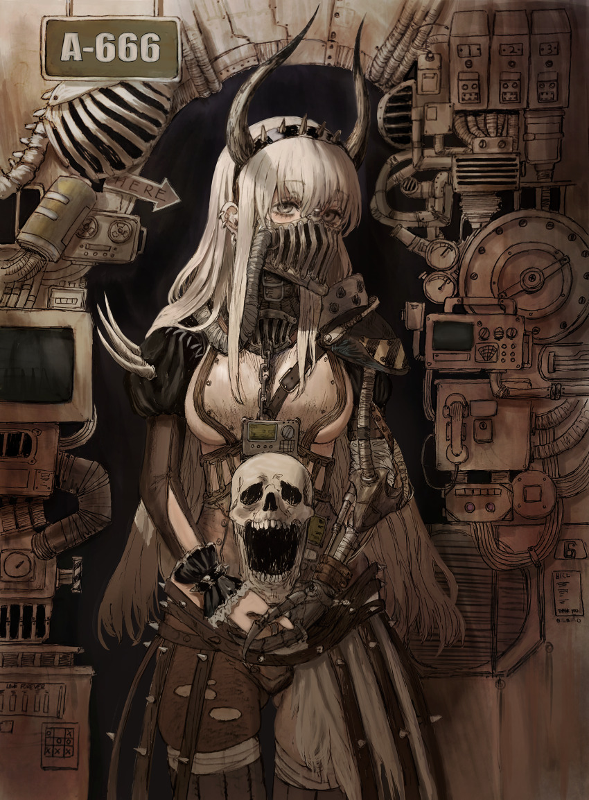 1girl absurdres bone breasts ear_piercing gauge gluteal_fold gold_can grey_eyes hairband highres horns industrial_pipe large_breasts long_hair looking_at_viewer mask medium_breasts mouth_mask original piercing prosthesis prosthetic_arm sideboob skeleton skirt skull solo spikes standing torn_clothes torn_skirt valve white_hair