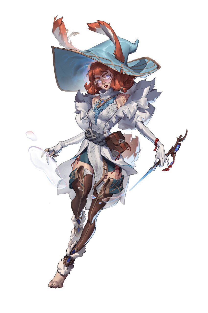 1girl absurdres animal_ears aurora_(league_of_legends) bare_shoulders blue_hat body_freckles body_fur breasts brown_thighhighs detached_leggings earrings freckles full_body fur_trim glasses gloves grey_sash hat highres holding holding_wand jewelry juliet_sleeves league_of_legends long_sleeves looking_at_viewer magic multiple_earrings orange_hair oversized_hat parted_lips partially_fingerless_gloves patrick_ganas puffy_sleeves purple_eyes rabbit_ears rabbit_girl rabbit_tail round_eyewear sash short_hair short_shorts shorts simple_background sleeveless sleeveless_turtleneck small_breasts smile solo sweater tail tassel thighhighs turtleneck waist_sash wand white_background white_sweater witch_hat