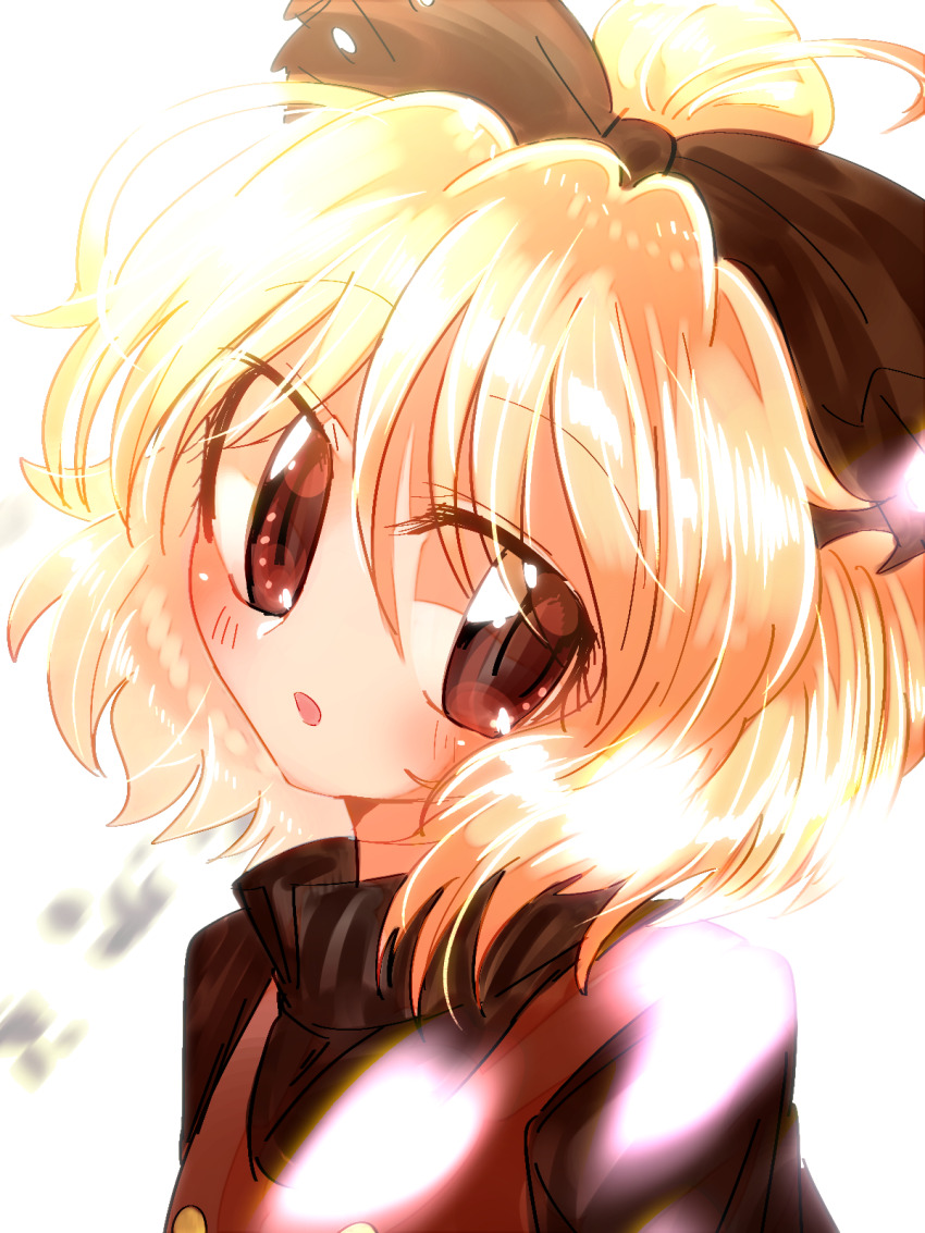 1girl :o black_bow black_shirt blonde_hair blush bow brown_dress brown_eyes buttons commentary_request dress hair_bow hair_bun highres kurodani_yamame long_sleeves looking_at_viewer open_mouth pinafore_dress shippuu_jinnari shirt short_hair simple_background single_hair_bun sleeveless sleeveless_dress solo touhou upper_body white_background