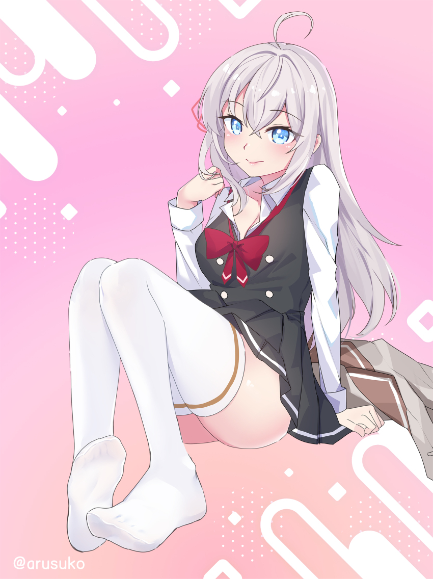 1girl absurdres ahoge alisa_mikhailovna_kujou arm_support arusuko black_skirt blue_eyes blush bow bowtie breasts brown_jacket cleavage closed_mouth collared_shirt commentary english_commentary feet full_body gradient_background hair_between_eyes hand_in_own_hair highres jacket long_hair long_sleeves looking_at_viewer medium_breasts no_shoes paid_reward_available pink_background playing_with_hair pleated_skirt red_bow red_bowtie red_ribbon ribbon school_uniform shirt simple_background sitting skirt smile soles solo thighhighs thighs tokidoki_bosotto_roshia-go_de_dereru_tonari_no_alya-san twitter_username unworn_jacket very_long_hair vest white_hair white_shirt white_thighhighs