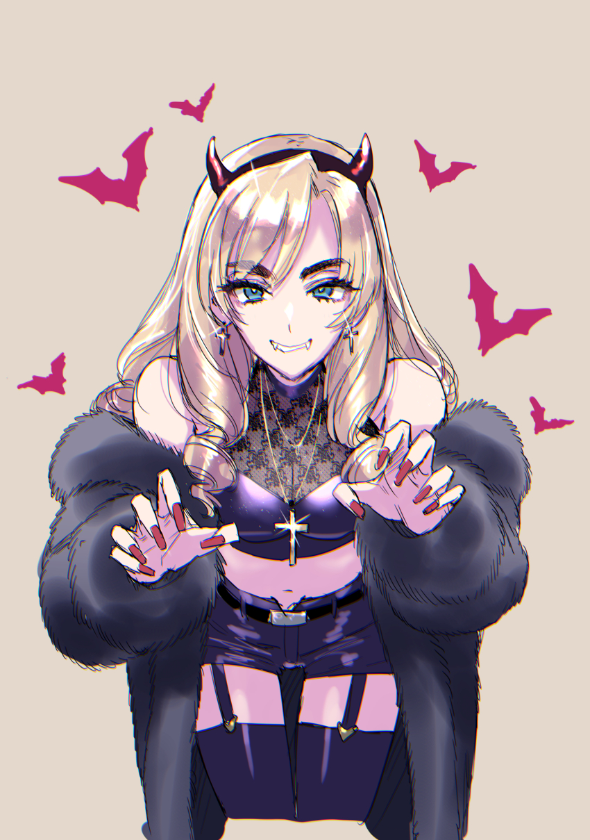 1girl alternate_costume bare_shoulders bat_(animal) billionaire_touyokoin_reika black_jacket blonde_hair blue_eyes breasts brown_background claw_pose cleavage cropped_shirt cross cross_earrings cross_necklace earrings fangs feet_out_of_frame fingernails fur_jacket garter_straps glint gold_necklace grin highres horn_hairband jacket jewelry leaning_forward leather_shorts long_fingernails long_hair long_sleeves looking_at_viewer medium_breasts midriff necklace off_shoulder okiraku_boy purple_shirt purple_shorts purple_thighhighs red_nails ringlets shirt short_shorts shorts simple_background sleeveless sleeveless_shirt smile solo standing thick_eyebrows thigh_gap thighhighs touyokoin_reika