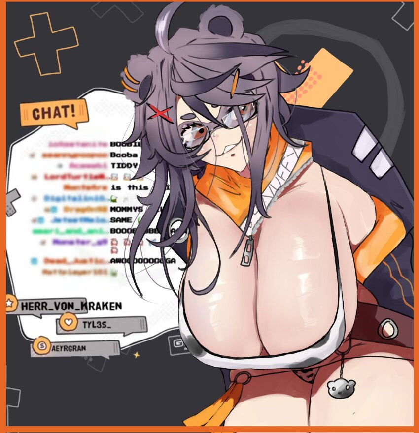 1girl ahoge animal_ears animal_print arms_behind_back bikini black-framed_eyewear black_jacket border breasts chat_log commentary cow_print cow_print_bikini cowboy_shot english_commentary glasses grey_background grey_hair grin hair_between_eyes hair_ornament heart highres huge_breasts indie_virtual_youtuber jacket leaning_forward long_bangs long_hair looking_at_viewer messy_hair open_clothes open_jacket orange_border print_bikini raccoon_ears raccoon_girl smile snuffy_(vtuber) snuffy_(vtuber)_(smilfy) solo swimsuit virtual_youtuber weeze x_hair_ornament zipper