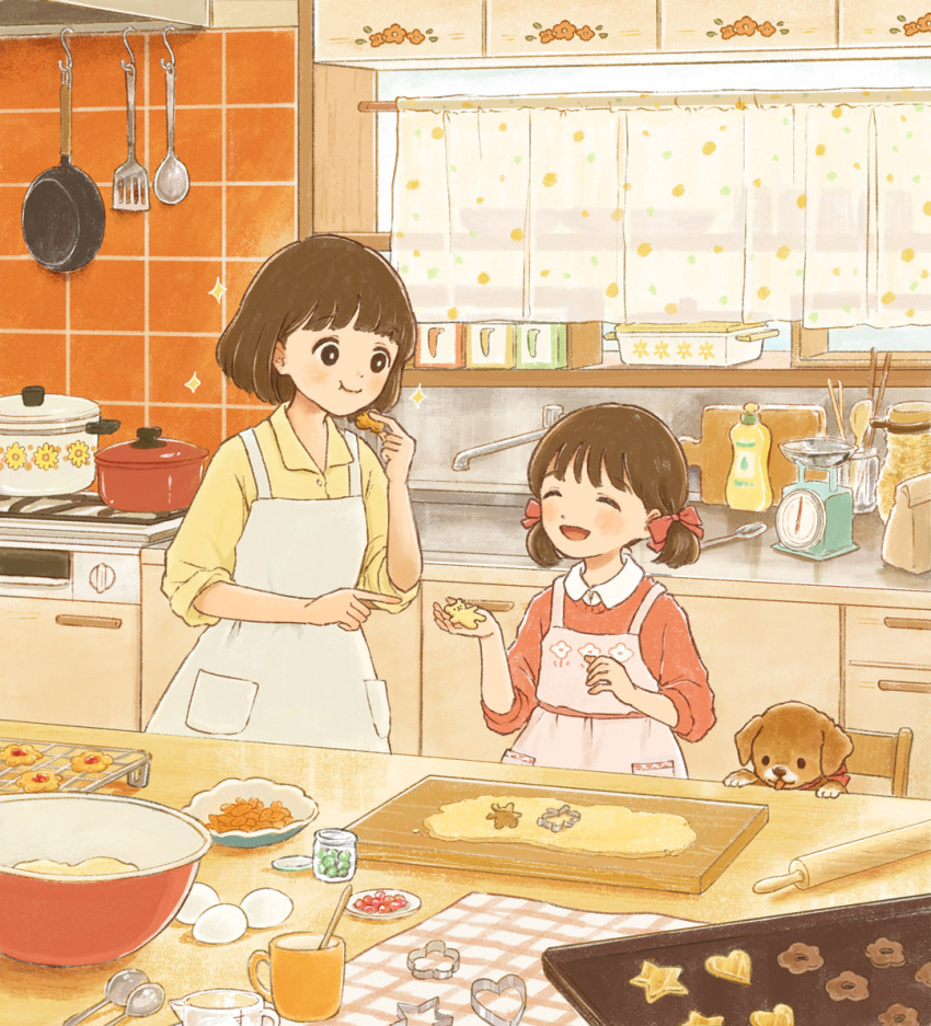 2girls :d :t ^_^ animal-themed_food apron bag baking baking_sheet black_eyes blush bottle bow bowl bright_pupils brown_hair cabinet chair choppy_bangs closed_eyes closed_mouth collared_shirt commentary_request cookie cookie_cutter cooking_pot counter cup curtains cut_bangs cutting_board dog dough eating egg faucet flower_symbol food frying_pan gingham hair_bow heart holding holding_food indoors jar kitchen kitchen_scale long_sleeves looking_at_another low_twintails measuring_cup measuring_spoon mixing_bowl mug multiple_girls open_mouth original paper_bag peel_(tool) pink_apron pocket red_bow red_sweater rolling_pin shirt short_hair short_twintails sink sleeves_rolled_up slice_of_life smile sparkle spatula spoon star_(symbol) stove sweater tareme thumbprint_cookie tile_wall tiles tokoyu tray twintails utensil_rack weighing_scale white_apron white_pupils window wing_collar wooden_chair wooden_spoon yellow_shirt