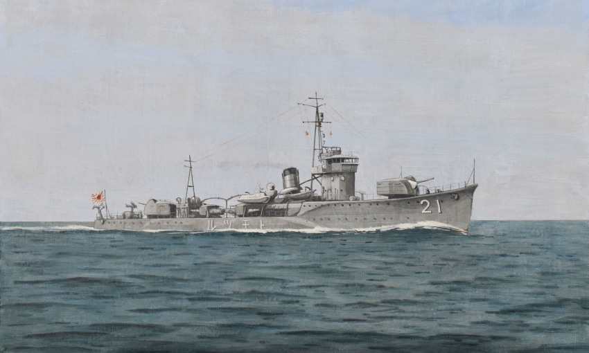 acrylic_paint_(medium) atelier_bono cannon gunboat highres imperial_japanese_navy mast no_humans ocean original painting_(medium) ship_turret sky smokestack tomozuru_(gunboat) torpedo_launcher traditional_media vehicle_focus