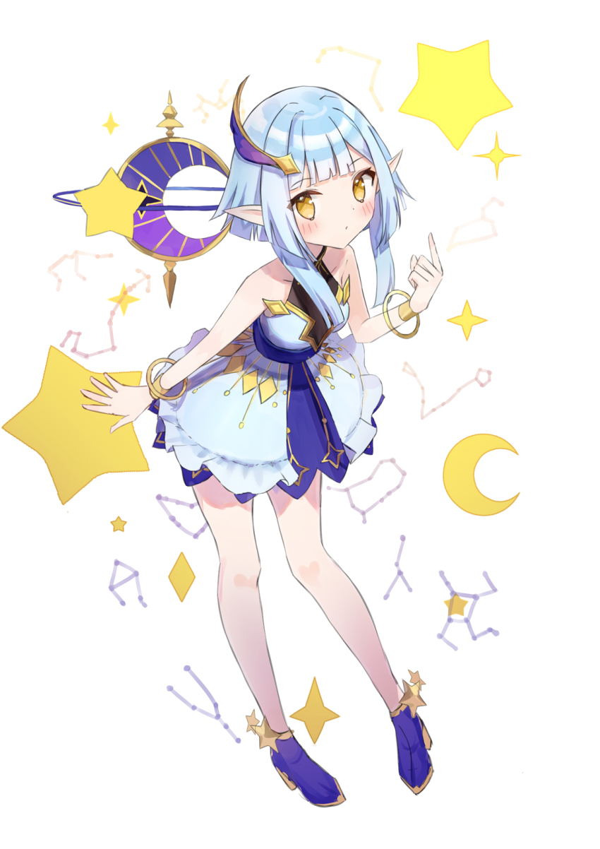 1girl aquarius_(constellation) aries_(constellation) bare_legs blue_dress blue_footwear blue_hair blush cancer_(constellation) capricorn_(constellation) cloak commentary constellation crescent dress english_commentary eversoul frilled_skirt frills gemini_(constellation) hair_ornament highres leo_(constellation) libra_(constellation) looking_at_viewer pisces_(constellation) pointing pointing_up pointy_ears sagittarius_(constellation) scorpius_(constellation) short_hair skirt sleeveless solo star_(symbol) tagme talia_(eversoul) taurus_(constellation) unworn_cloak white_background yaminava yellow_eyes