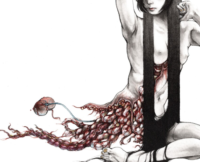1girl black_hair breasts commentary_request completely_nude entrails exposed_bone guro head_out_of_frame highres long_hair meimaro nipples nude organs original ovaries painting_(medium) sitting small_breasts solo traditional_media very_long_hair