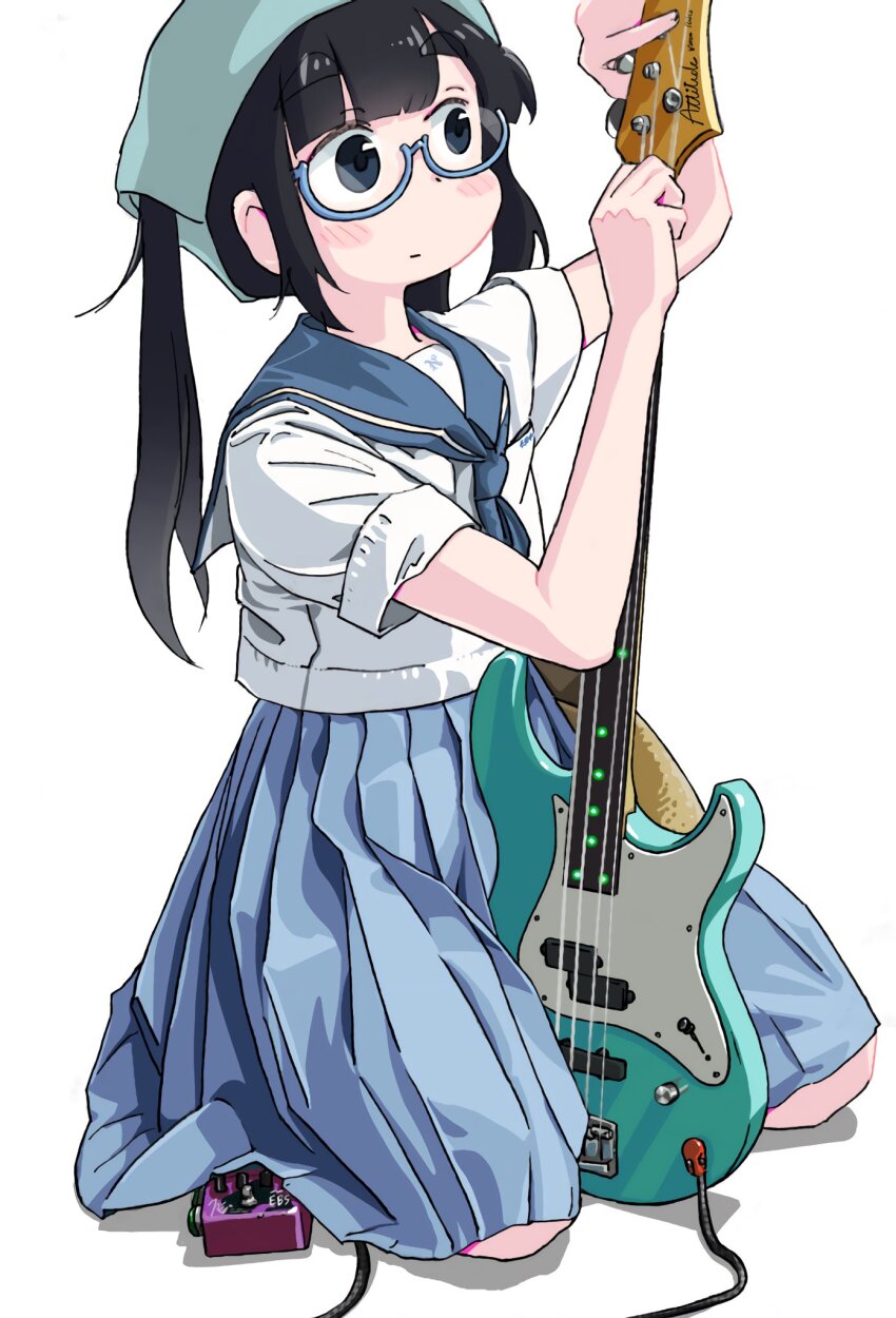 1girl bass_guitar black_eyes black_hair blue-framed_eyewear blue_neckerchief blue_sailor_collar blue_skirt blunt_bangs effects_pedal fender_jazz_bass full_body glasses highres holding holding_instrument instrument kneeling looking_at_object neckerchief original pj_bass pleated_skirt sailor_collar school_uniform semi-rimless_eyewear serafuku shirt short_sleeves skirt tariki_fretless tenugui tuning_instrument twintails white_shirt yamaha_attitude