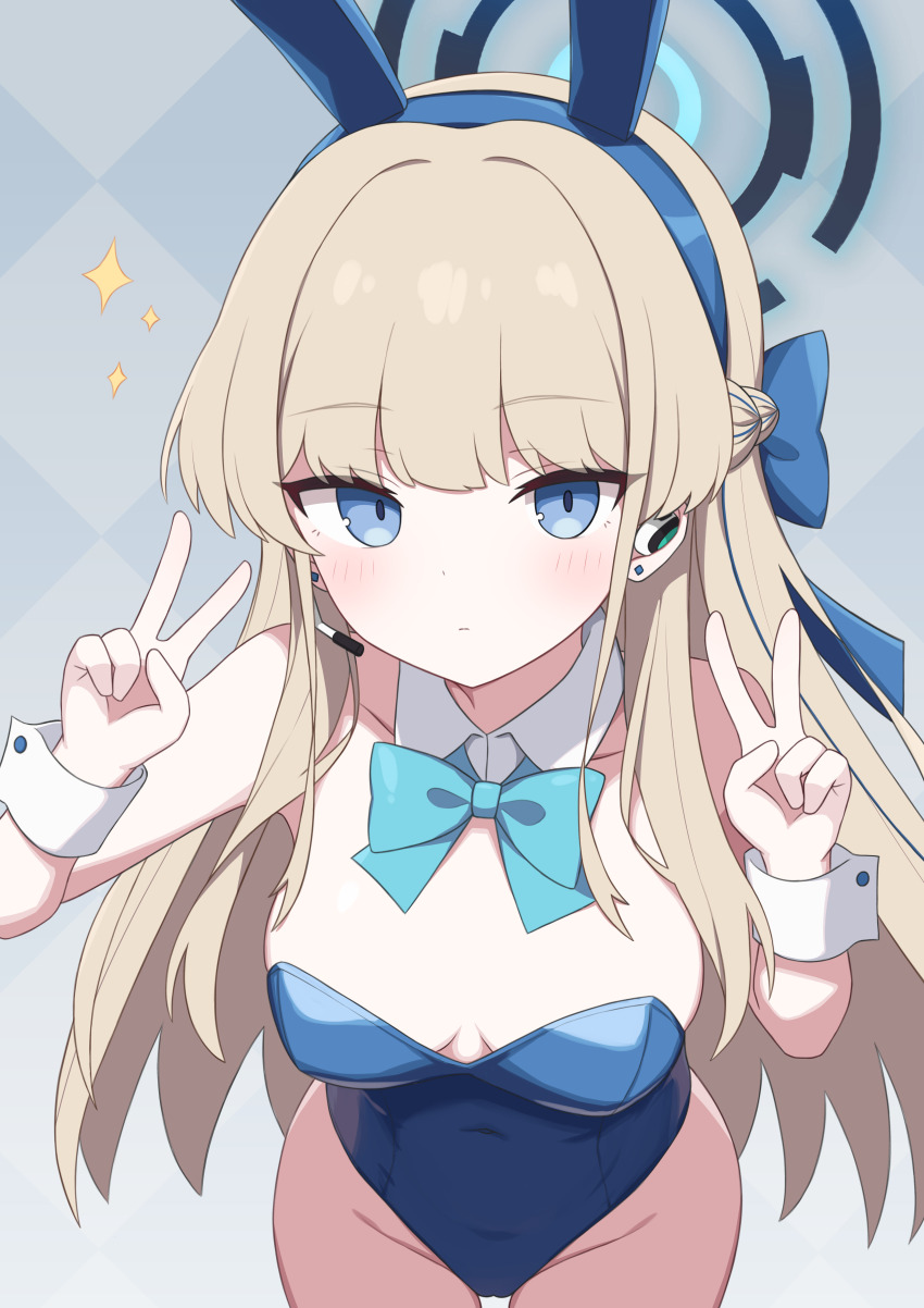 1girl absurdres animal_ears aqua_bow aqua_bowtie blonde_hair blue_archive blue_eyes blue_hairband blue_halo blue_leotard blue_ribbon bow bowtie cameltoe closed_mouth collar covered_navel detached_collar double_v earpiece expressionless fake_animal_ears hair_ribbon hairband halo highres leaning_forward leotard long_hair looking_at_viewer official_alternate_costume playboy_bunny rabbit_ears ribbon solo toki_(blue_archive) toki_(bunny)_(blue_archive) v very_long_hair white_collar white_wrist_cuffs wrist_cuffs zddma20