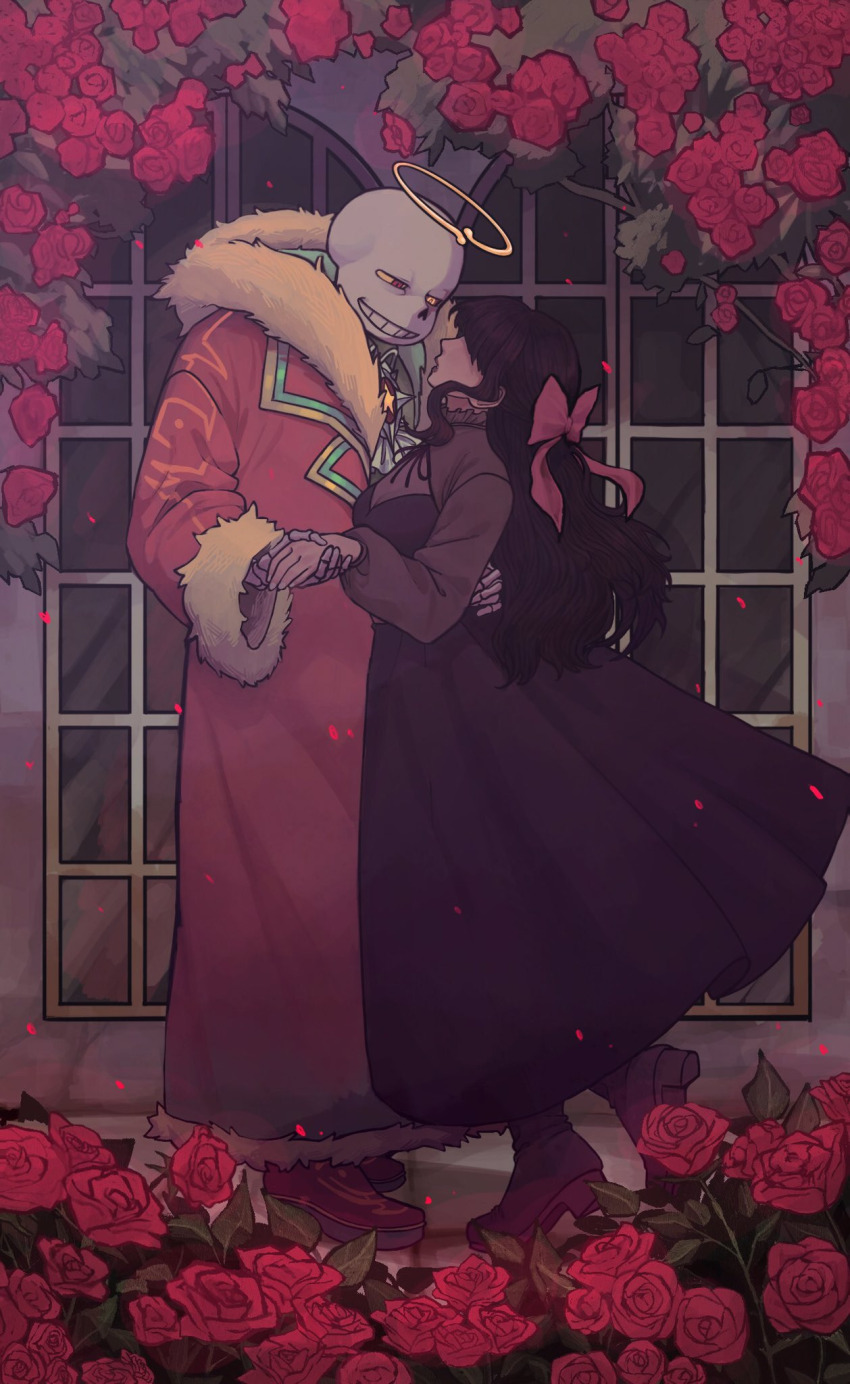 1boy 1girl black_dress black_ribbon bow breasts check_copyright cleavage coat commission copyright_request dress flower full_body fur-trimmed_coat fur_trim hair_bow hair_over_eyes halo hand_on_another&#039;s_back highres holding_hands long_hair looking_at_another minominoks oc_x_canon red_bow red_coat red_flower red_rose red_shoes ribbon rose sans_(undertale) shoes skeleton smile standing teeth undertale window