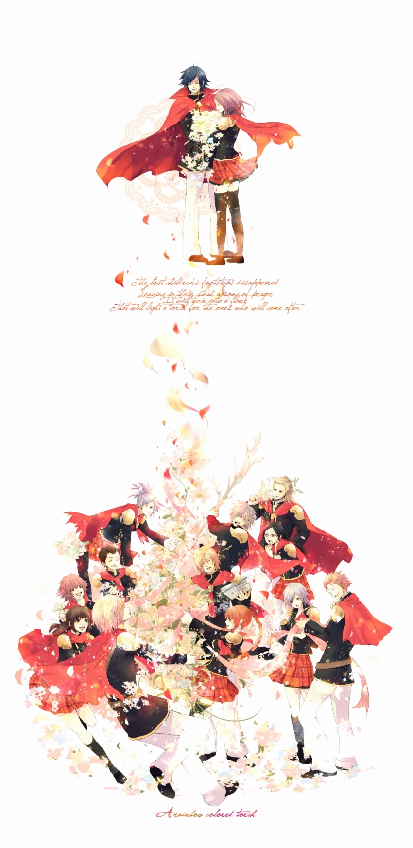 6+boys 6+girls ace_(fft-0) akademeia_uniform bad_id bad_pixiv_id black_hair black_legwear blonde_hair blue_eyes brown_eyes brown_hair cape cater_(fft-0) cinque_(fft-0) deuce_(fft-0) eight_(fft-0) everyone final_fantasy final_fantasy_type-0 fingerless_gloves flower glasses gloves green_eyes happy hat highres jack_(fft-0) jacket king_(fft-0) kunagiri_machina long_hair multiple_boys multiple_girls nine_(fft-0) open_mouth plaid_clothes plaid_skirt ponytail queen_(fft-0) red_eyes scarf school_uniform seven_(fft-0) short_hair sice_(fft-0) silver_hair simple_background skirt smile thighhighs tokimiya_rem trey_(fft-0) white_background